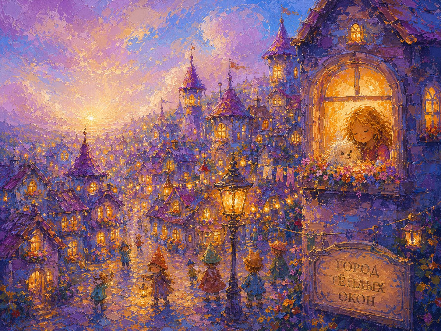A street in the City of Warm Windows with glowing windows