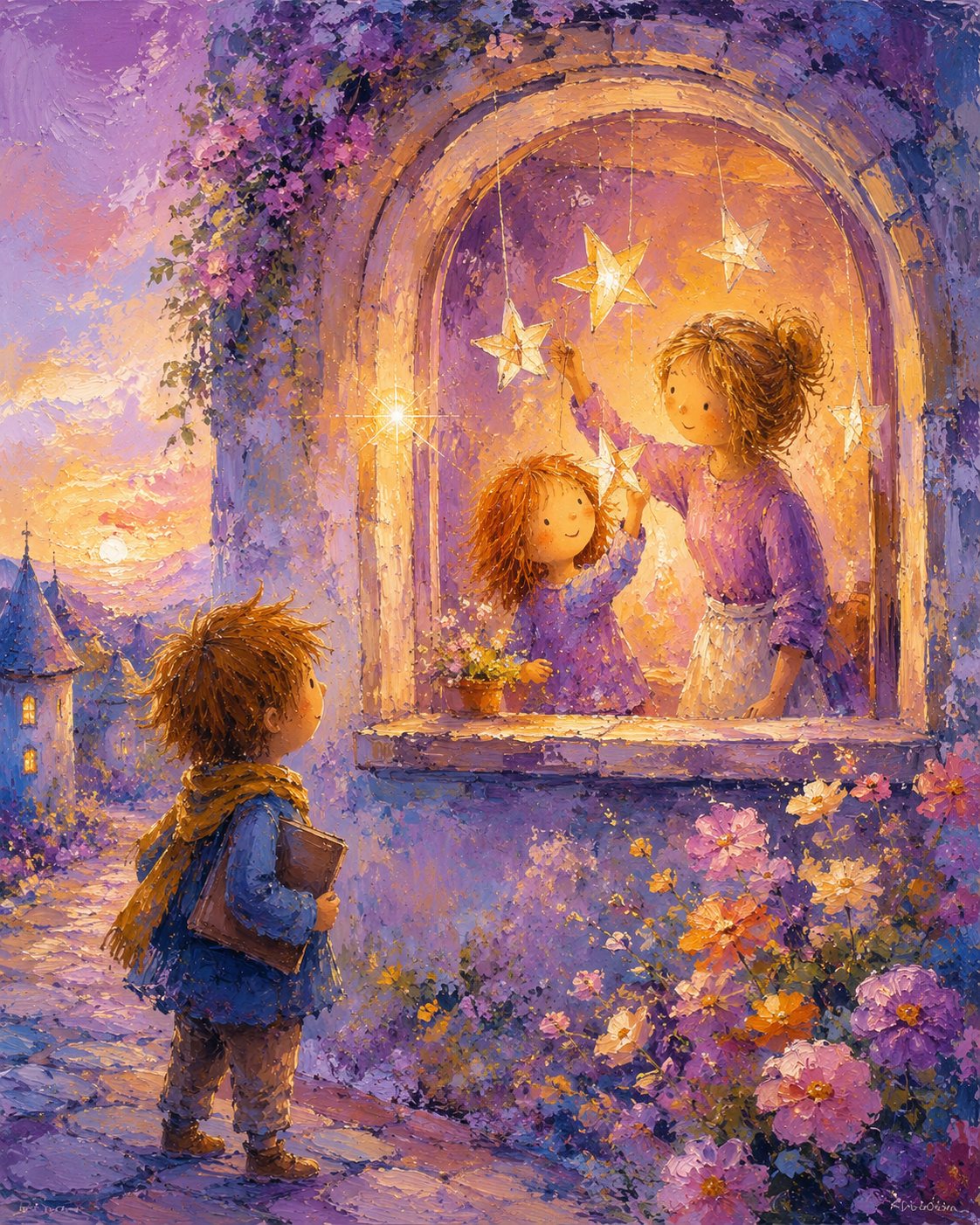 Mira and her mother hanging stars while Tim Quiet watches and writes