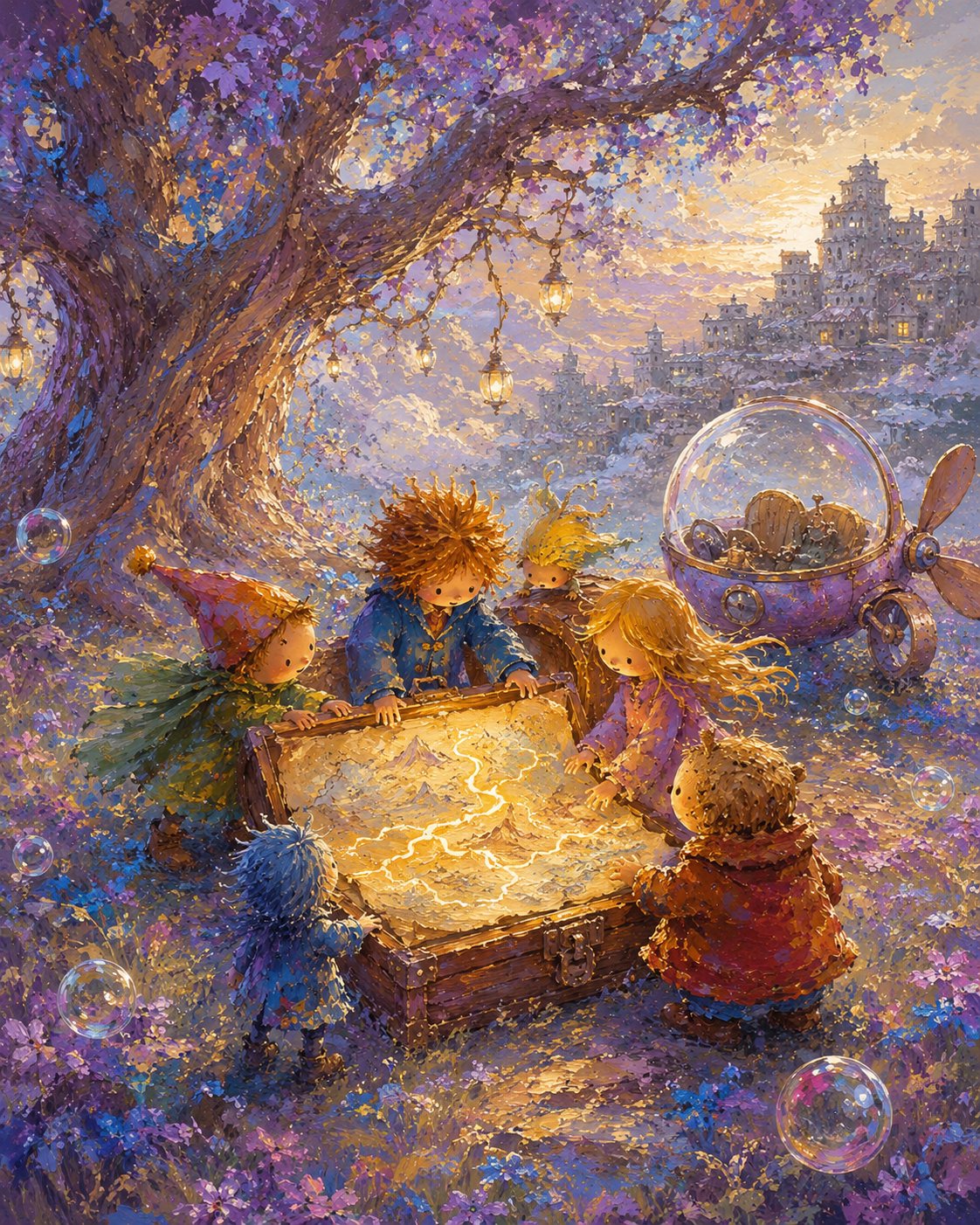 The friends opening the magical map Mapsy beneath the old tree
